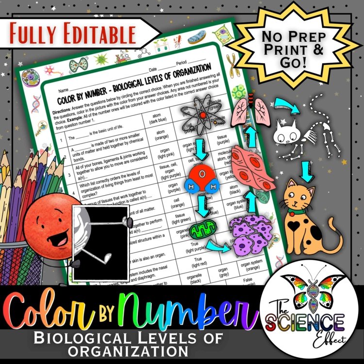 Biological Levels of Organization Science Color-By-Number Worksheet