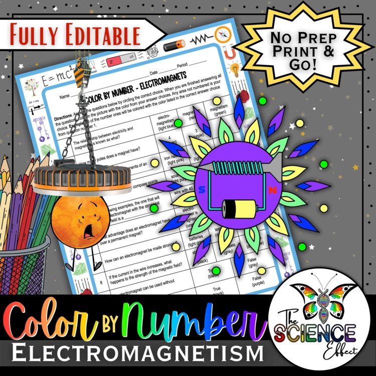 Electromagnets Science Color-By-Number Worksheet | Physics Review Activity