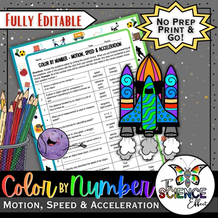 Motion Speed Acceleration Science Color-By-Number Worksheet | Physics Activity
