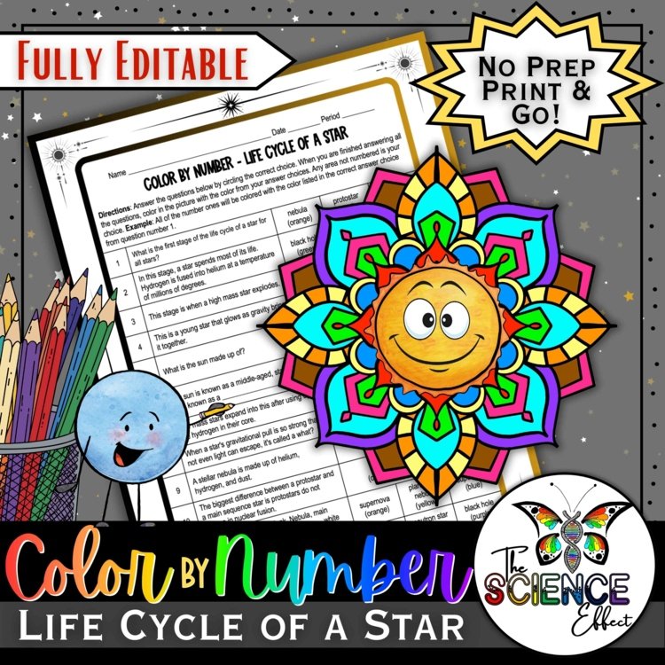 Life Cycle of a Star Science Color-By-Number Worksheet | Space Science Activity