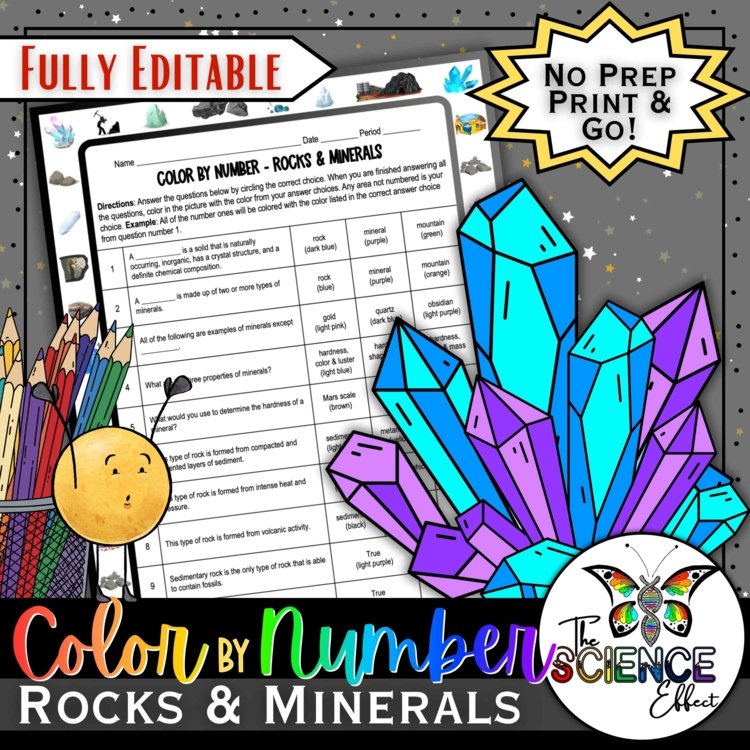 Rocks & Minerals Science Color-By-Number Worksheet | Earth Science Activity