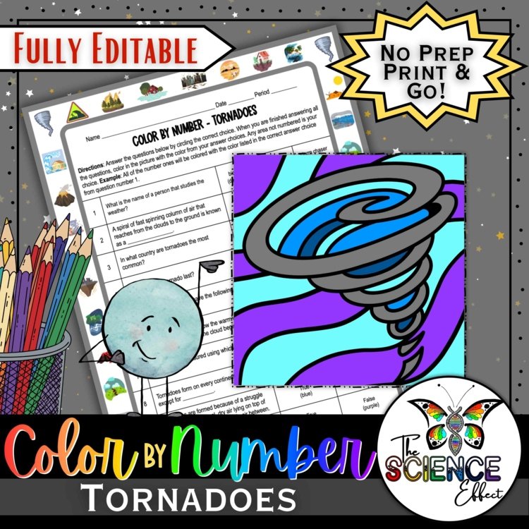 Tornadoes Natural Disasters Science Color-By-Number Worksheet | Earth Science
