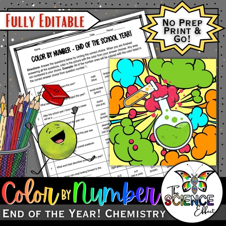End of the Year Science Explosion Color-By-Number Worksheet