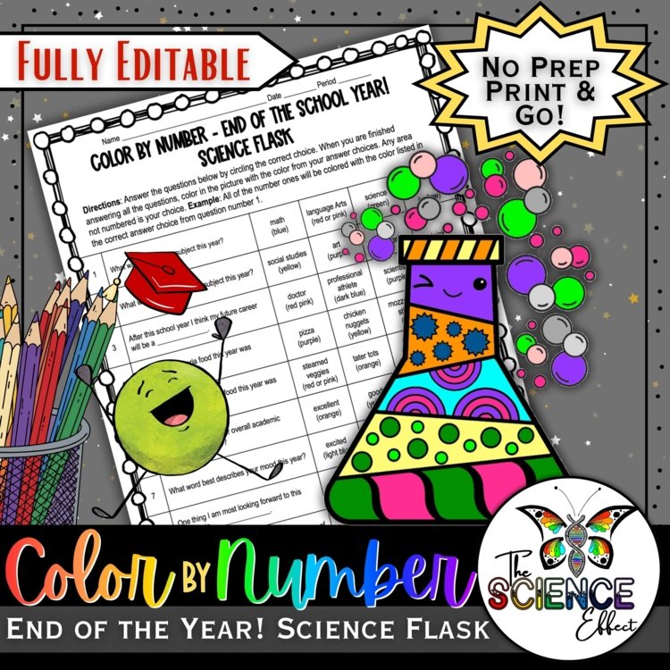 End of the Year Science Flask Color-By-Number Worksheet | Fun No-Prep Activity