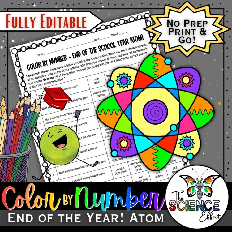 End of the Year Atom Science Color-By-Number Worksheet | Celebration Activity