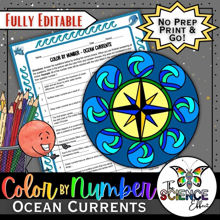 Ocean Currents Science Color-By-Number Worksheet | Earth Science Activity