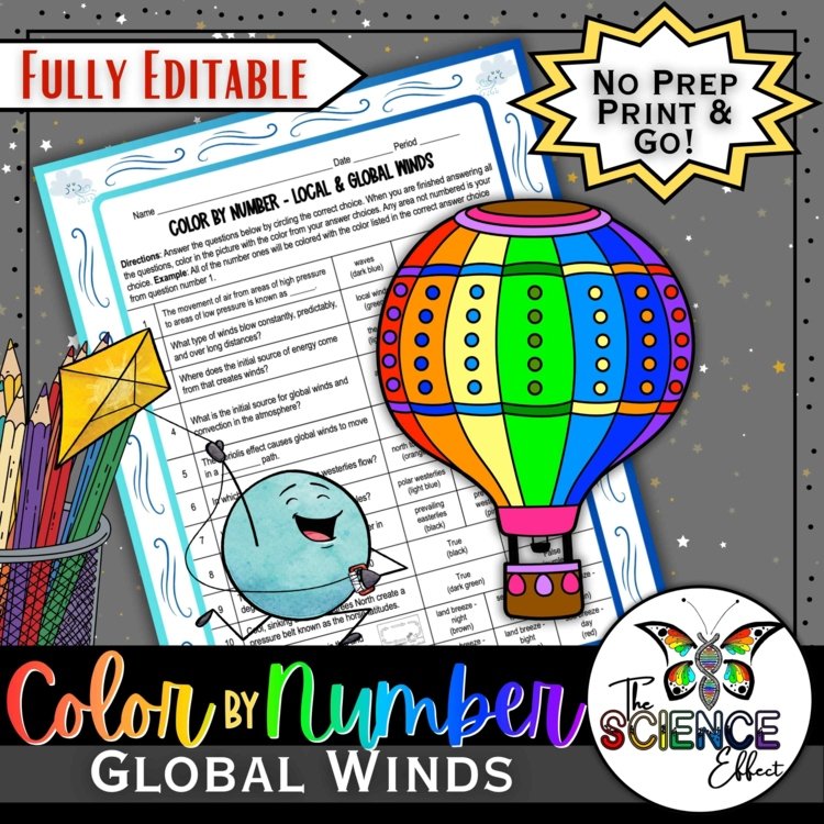 Global Winds Science Color-By-Number Worksheet | Earth Science Review Activity