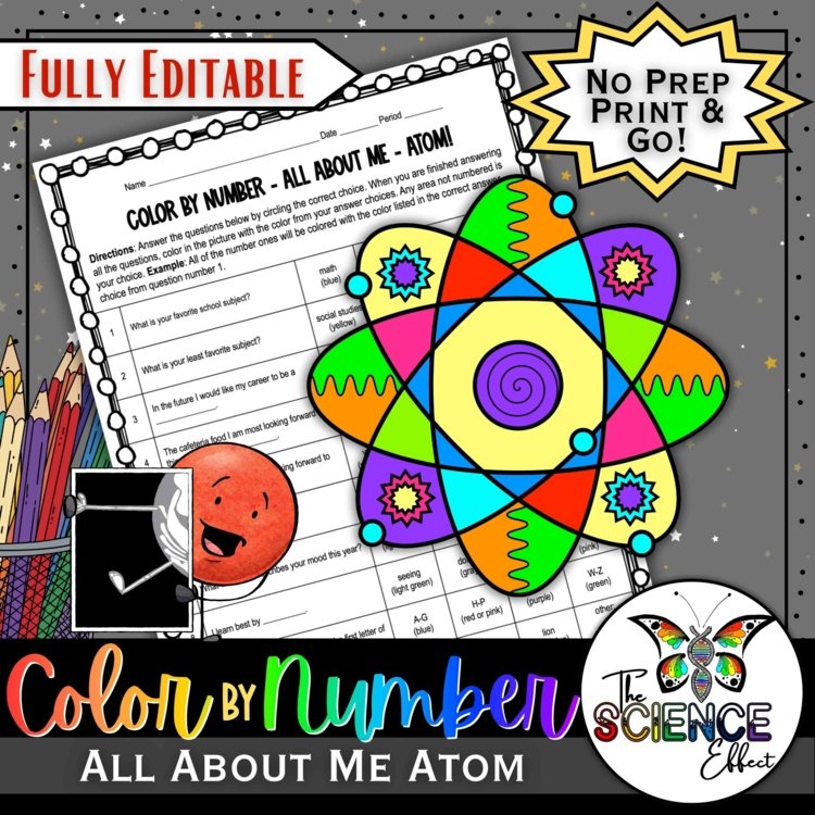 All About Me Atom Color by Number | Back to School Science Activity | First Day