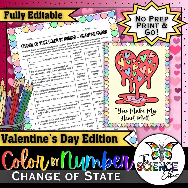 Change of State Color By Number Worksheet | Valentine's Day Science Activity