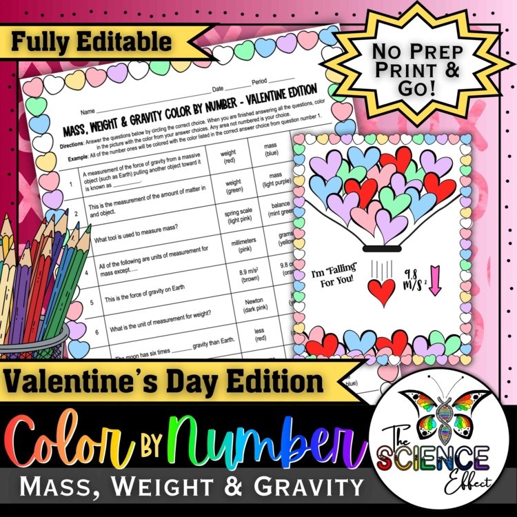 Mass Weight Gravity Color By Number Worksheet | Valentine's Day Science Activity
