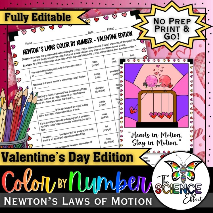 Newton's Laws of Motion Color By Number | Valentine's Day Science Activity