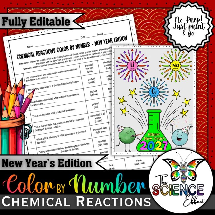 Chemical Reactions Color By Number Worksheet | New Year's Science Activity