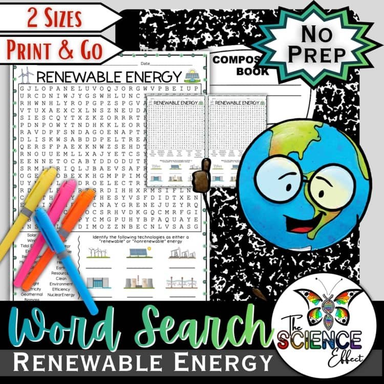 Renewable Energy Word Search Puzzle | Science Vocabulary Activity (Grades 6-8) cover