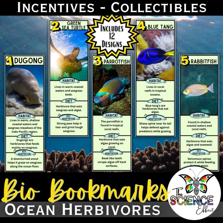 Ocean Herbivores Bio Bookmarks | Classroom Incentives | Student Gifts