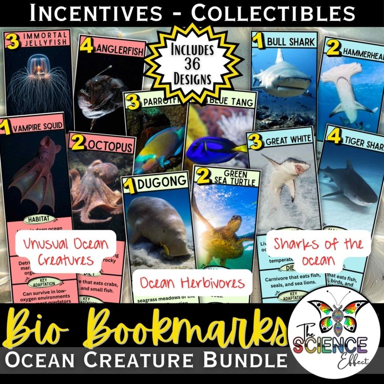 Ocean Creatures Bio Bookmark Bundle | Middle School Science Incentives