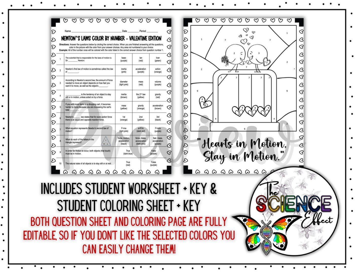 Newton's Laws of Motion Color By Number | Valentine's Day Science Activity - Image 2