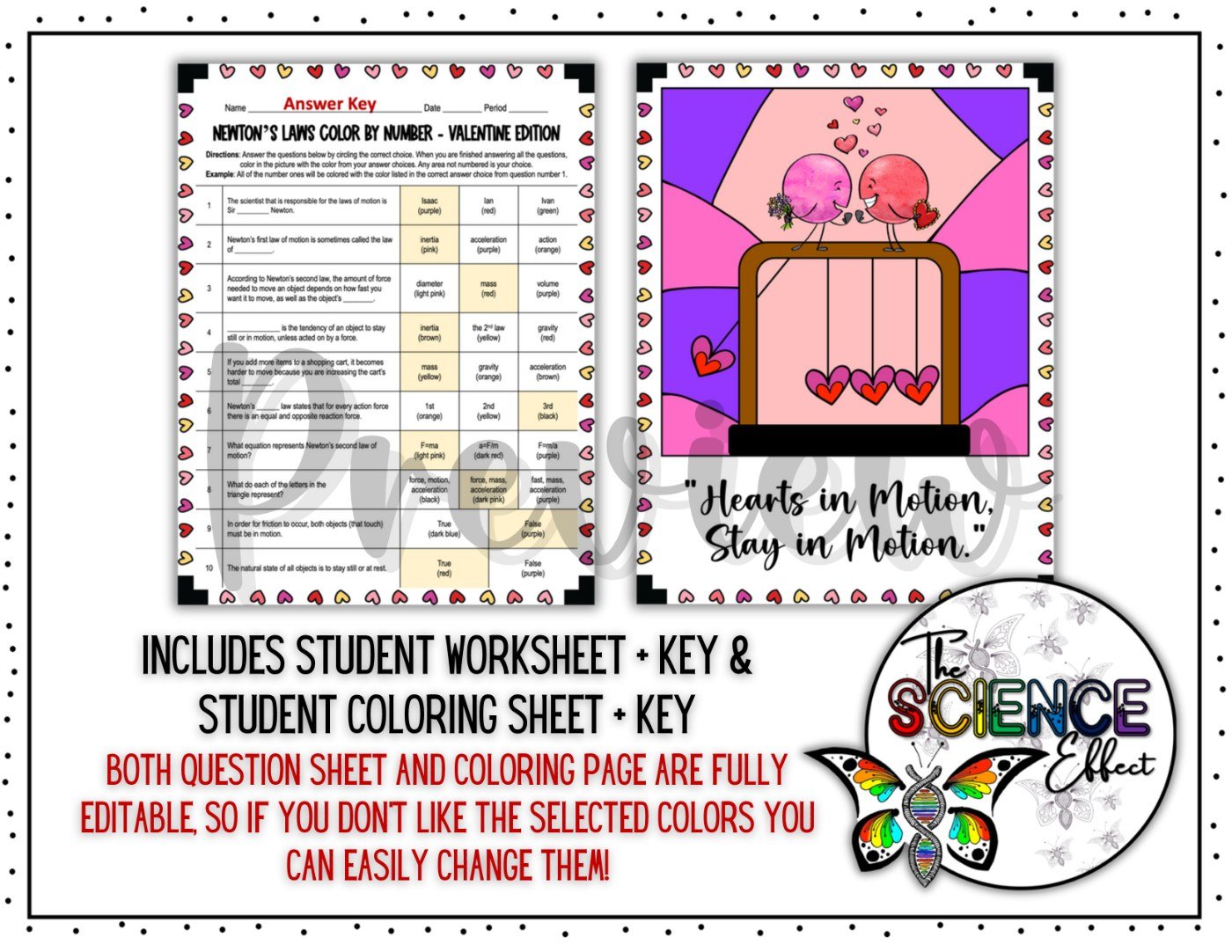 Newton's Laws of Motion Color By Number | Valentine's Day Science Activity - Image 3