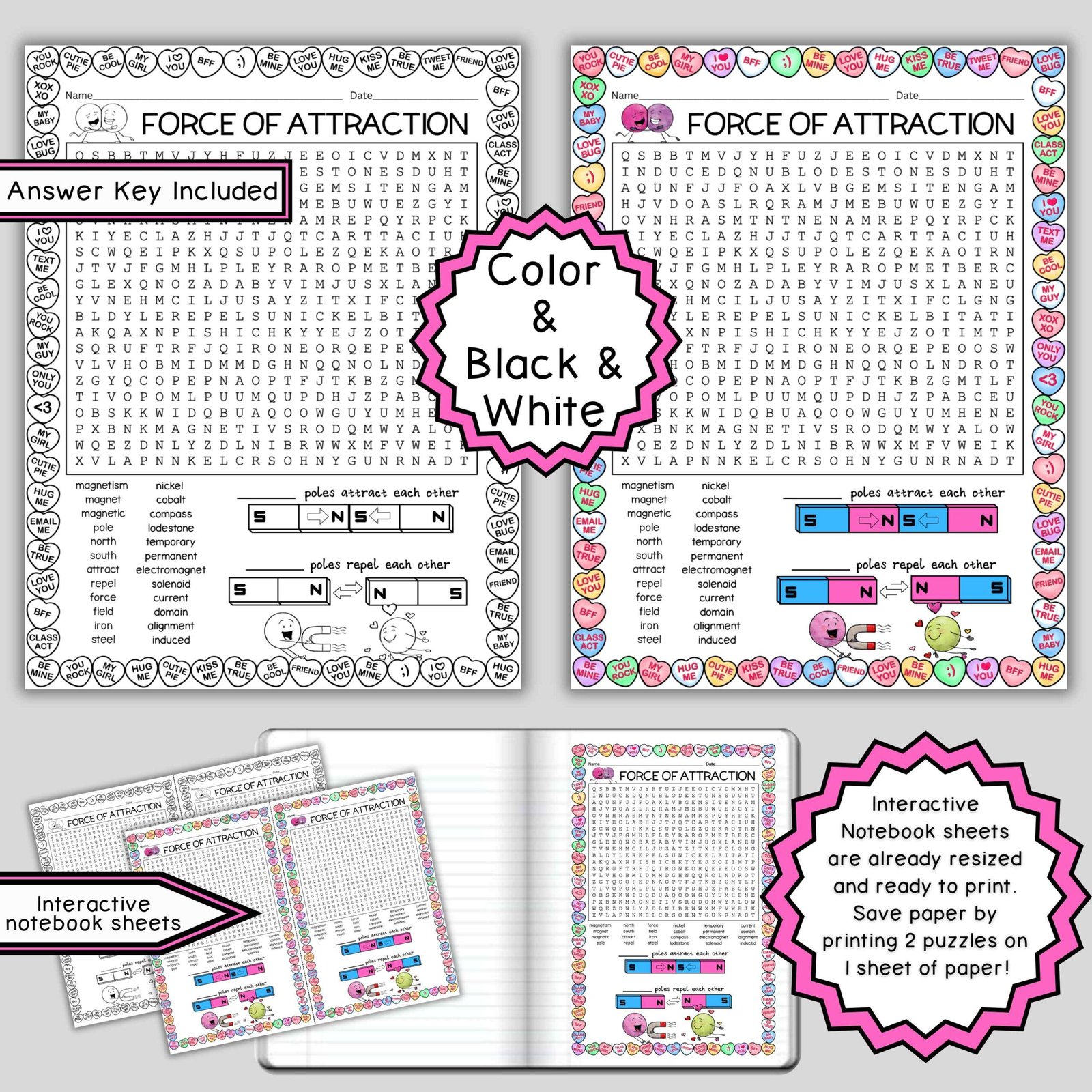Magnetism Word Search Puzzle | Valentine's Day Science Activity (6-8) preview
