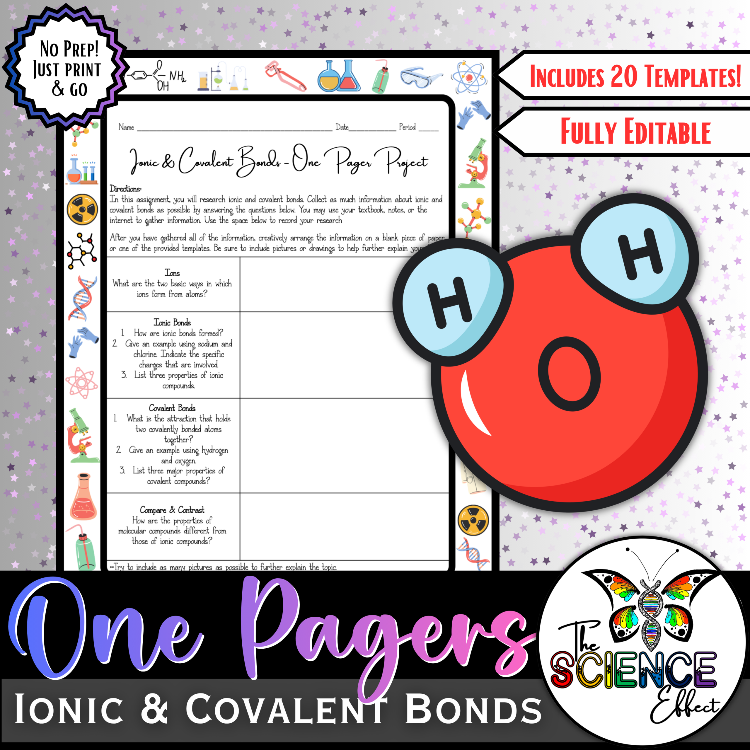 Ionic & Covalent Bonds One Pager Project ~ Science One Pager Research Project