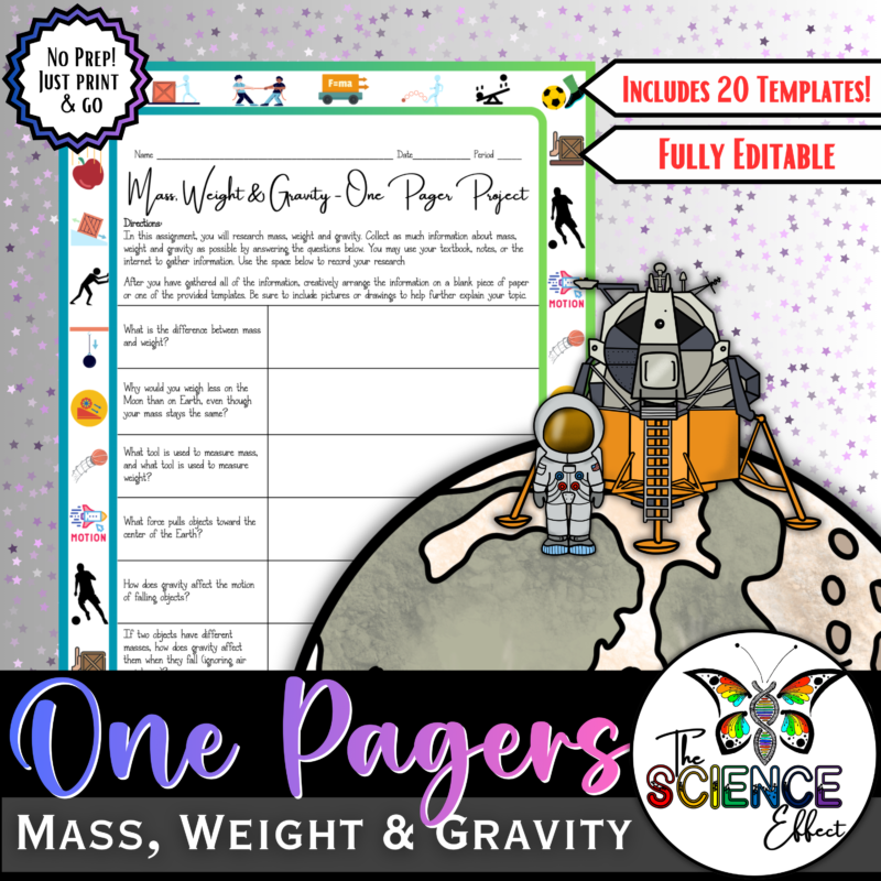 Mass, Weight & Gravity One Pager ~ Science One Pager Research Project