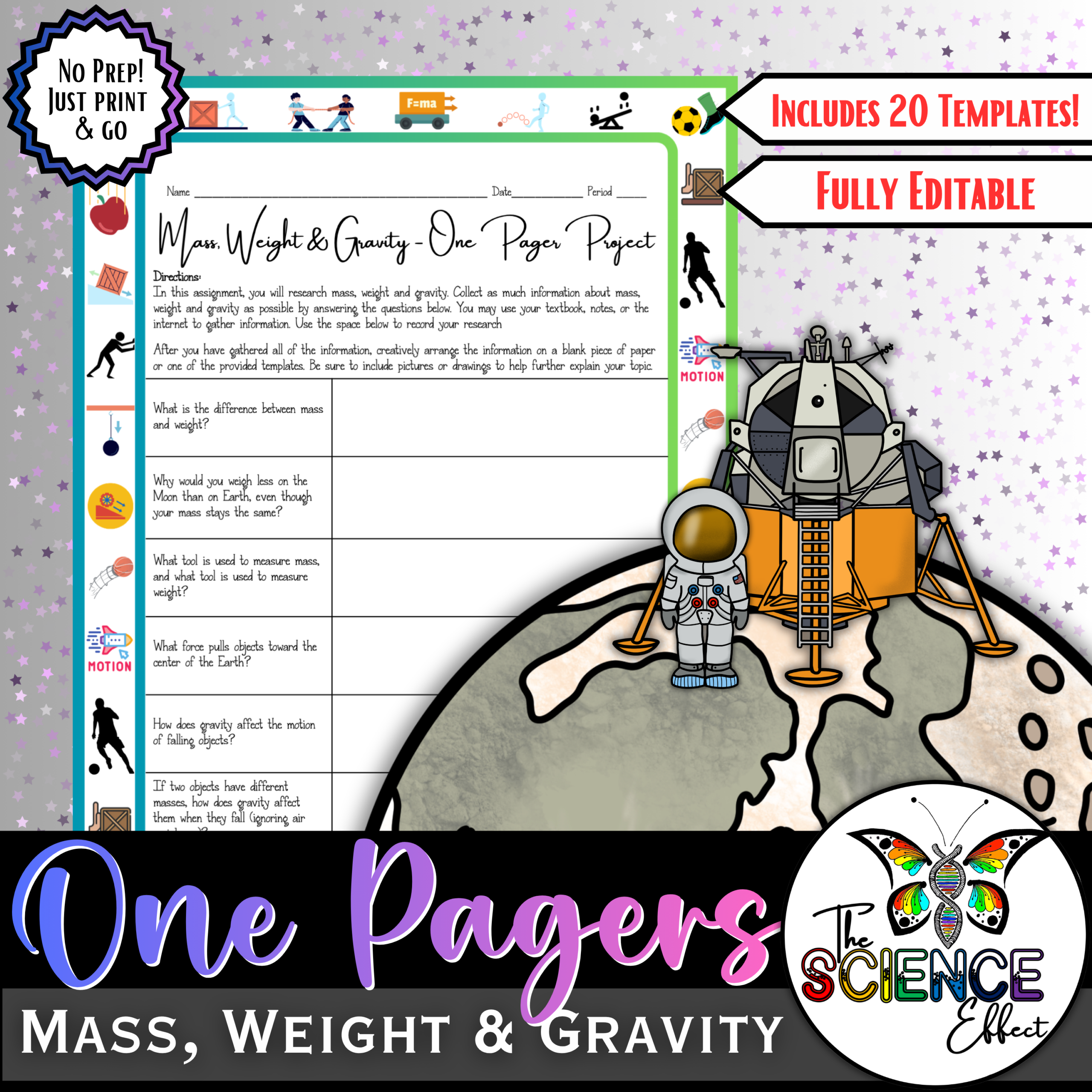 Mass, Weight & Gravity One Pager ~ Science One Pager Research Project