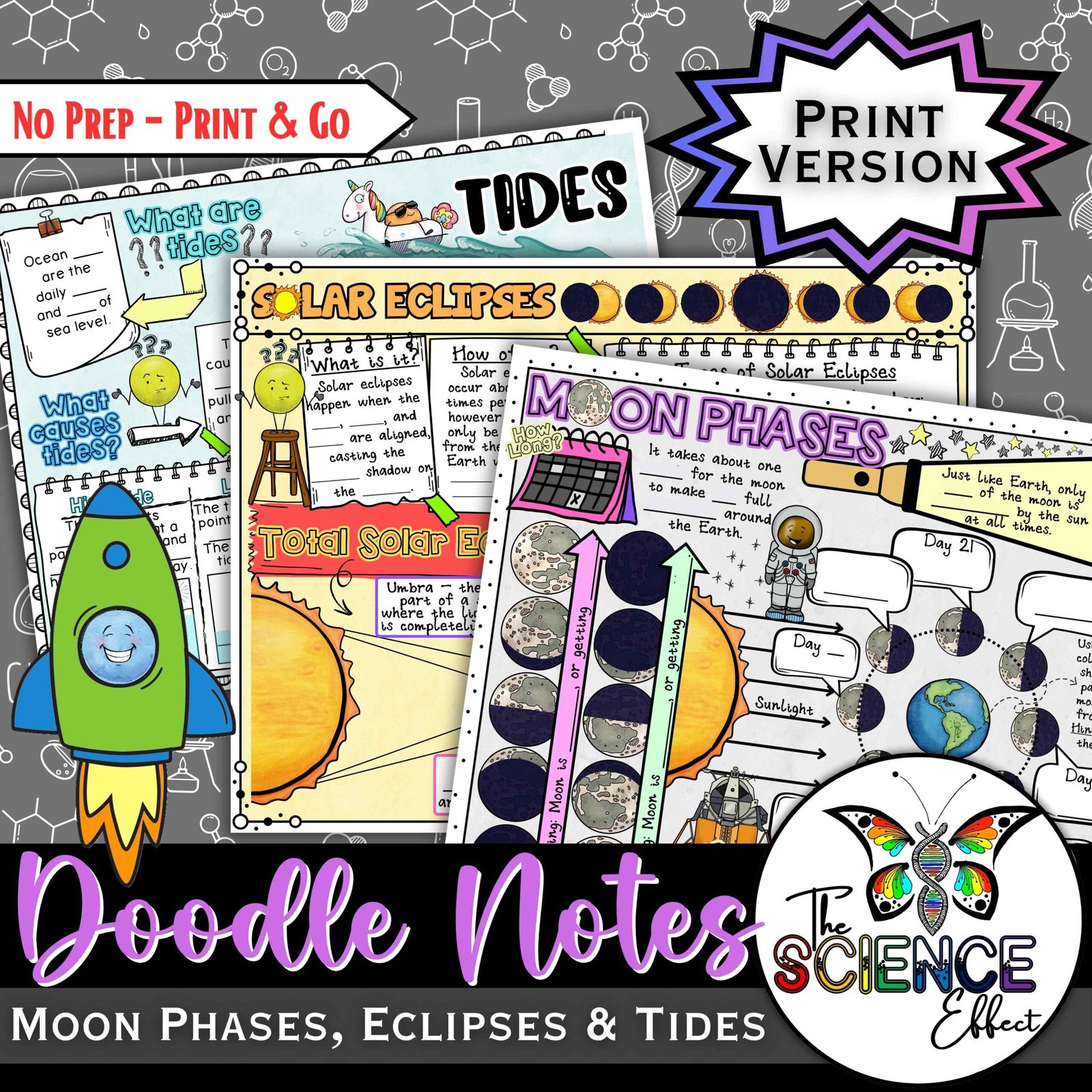 Moon Phases, Eclipses & Tides Doodle Notes Mini BUNDLE | Science Doodle Notes — Print
