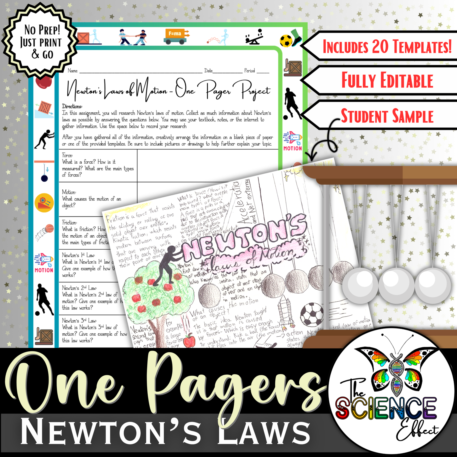 Newton's Laws of Motion One Pager Project | Science One Pager Research Project