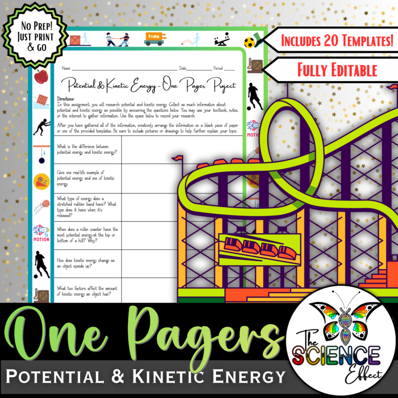 Potential & Kinetic Energy One Pager | Science One Pager Research Project